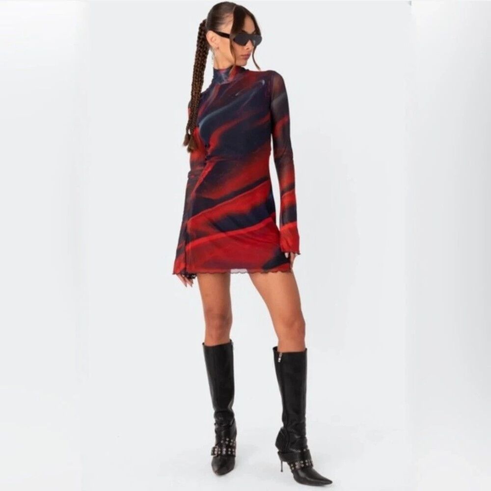 Edikted Sparks Fly Mock Neck Long Sleeve Mesh Lettuce Hem Side Slit Mini Dress S
